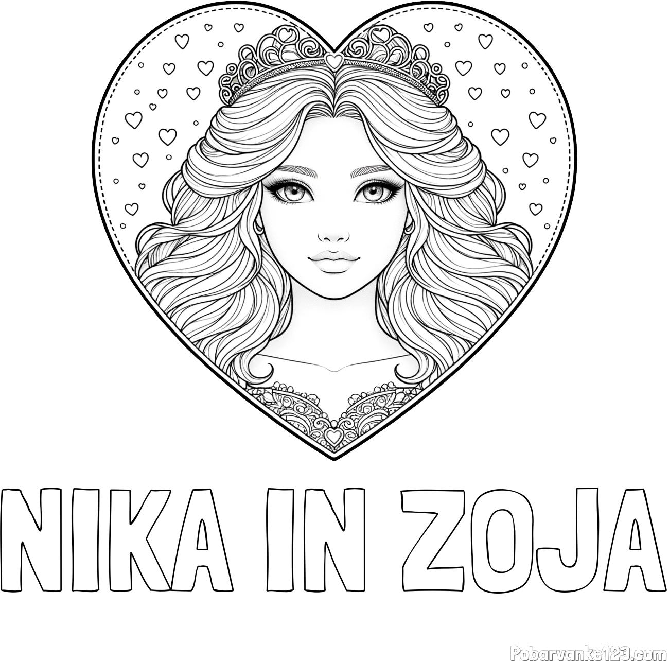 Pobarvanka imena NIKA IN ZOJA in pobarvanka ljubke princese v srčku