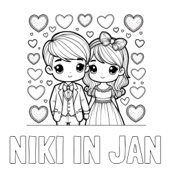 Online izdelana pobarvanka - Pobarvanka imena NIKI IN JAN in pobarvanka dveh zaljubljencev s srčki