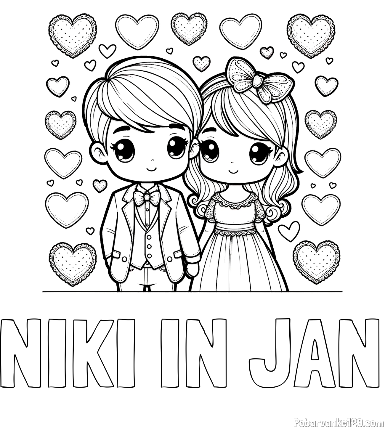 Pobarvanka imena NIKI IN JAN in pobarvanka dveh zaljubljencev s srčki