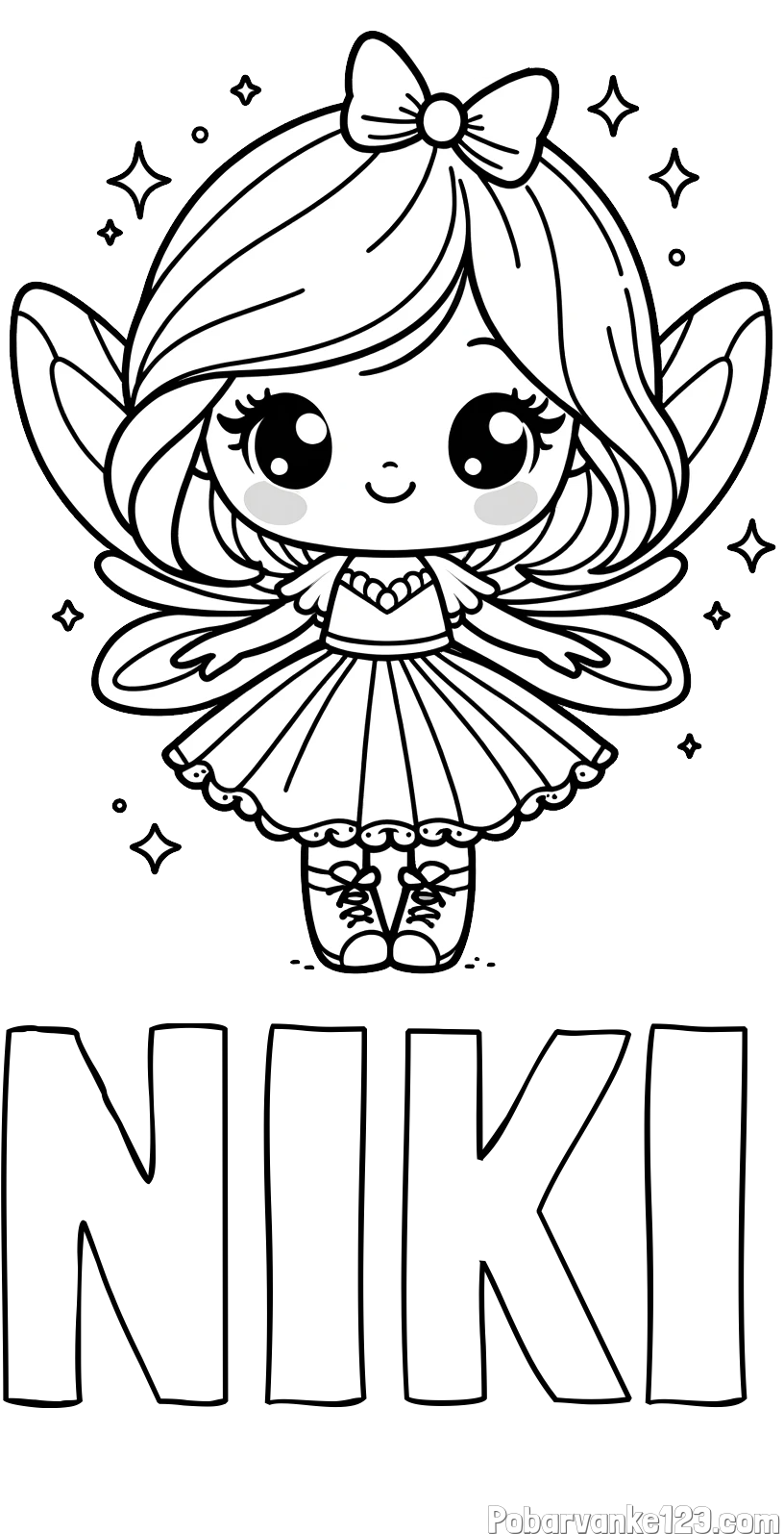 Pobarvanka imena NIKI in pobarvanka čarobne vile z ljubkim obrazom