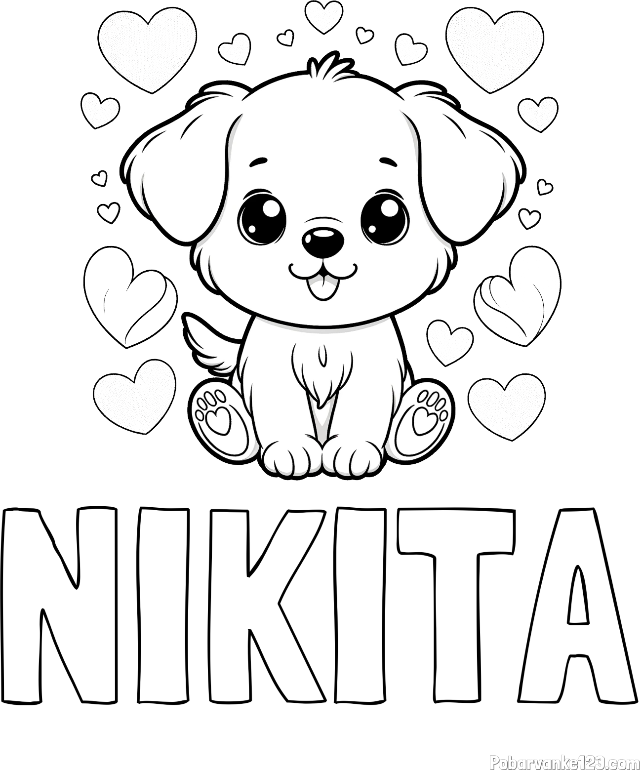 Pobarvanka imena NIKITA in pobarvanka ljubkega kužka obdanega s srčki