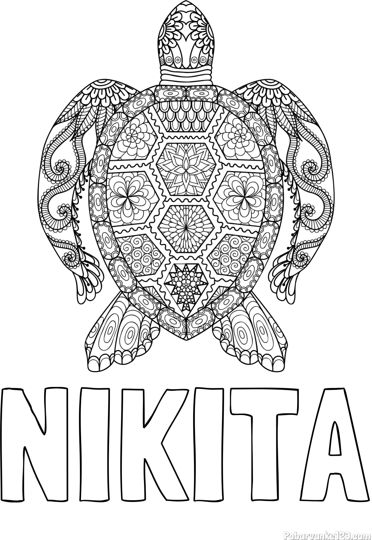 Pobarvanka imena NIKITA in pobarvanka želve - mandale