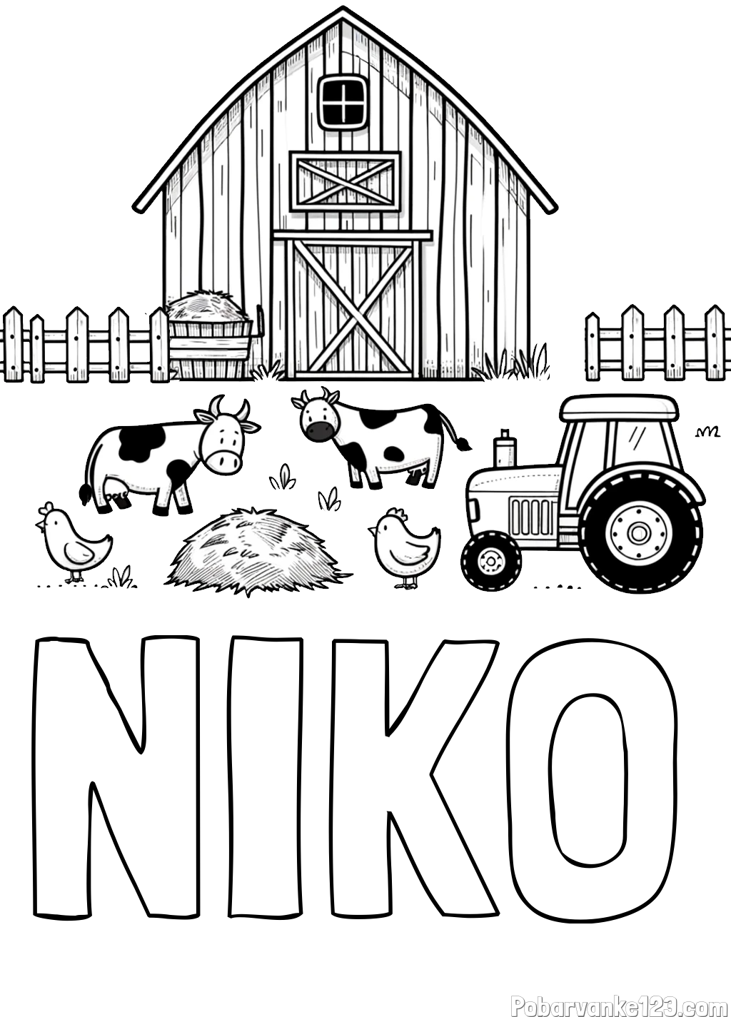 Pobarvanka imena NIKO in otroška pobarvanka velikega senika, krav in traktorja