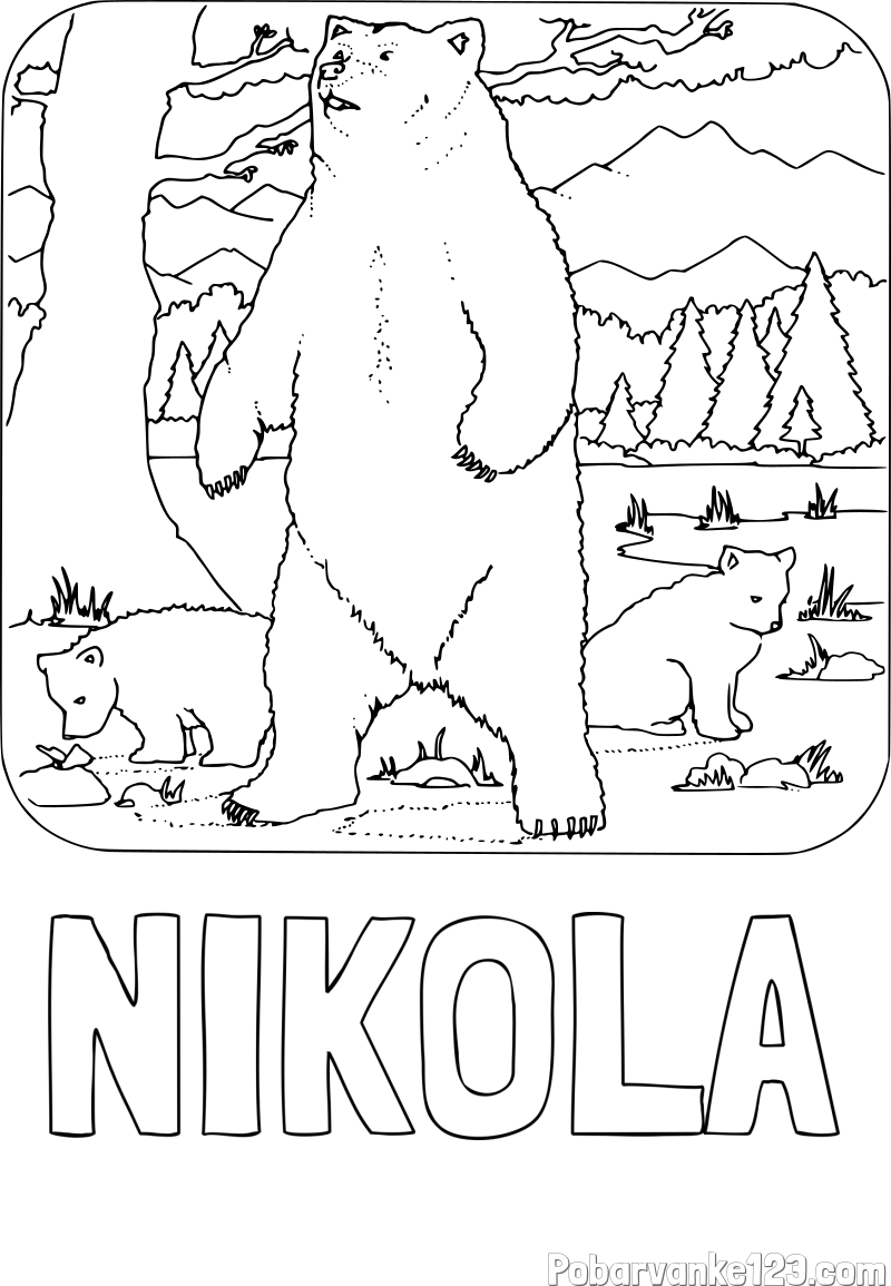 Pobarvanka imena NIKOLA in pobarvanka medvedke z mladičema