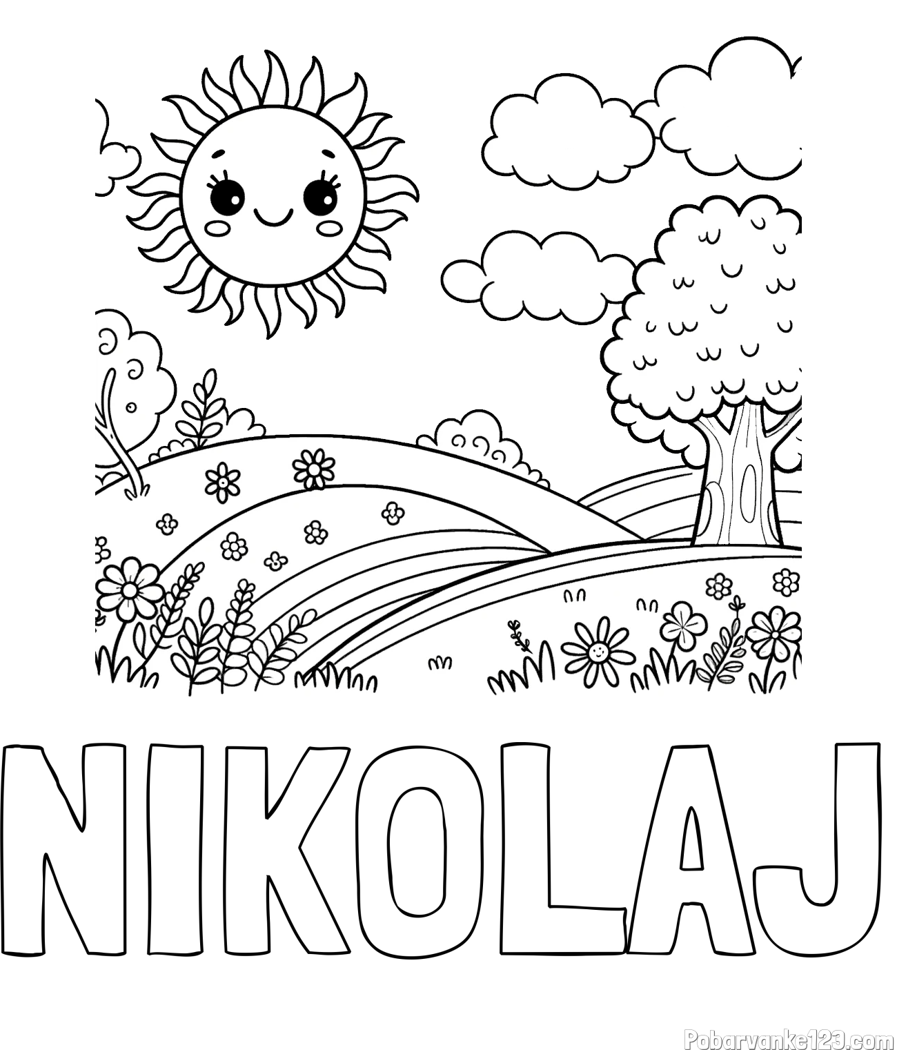 Pobarvanka imena NIKOLAJ in otroška pobarvanka narave