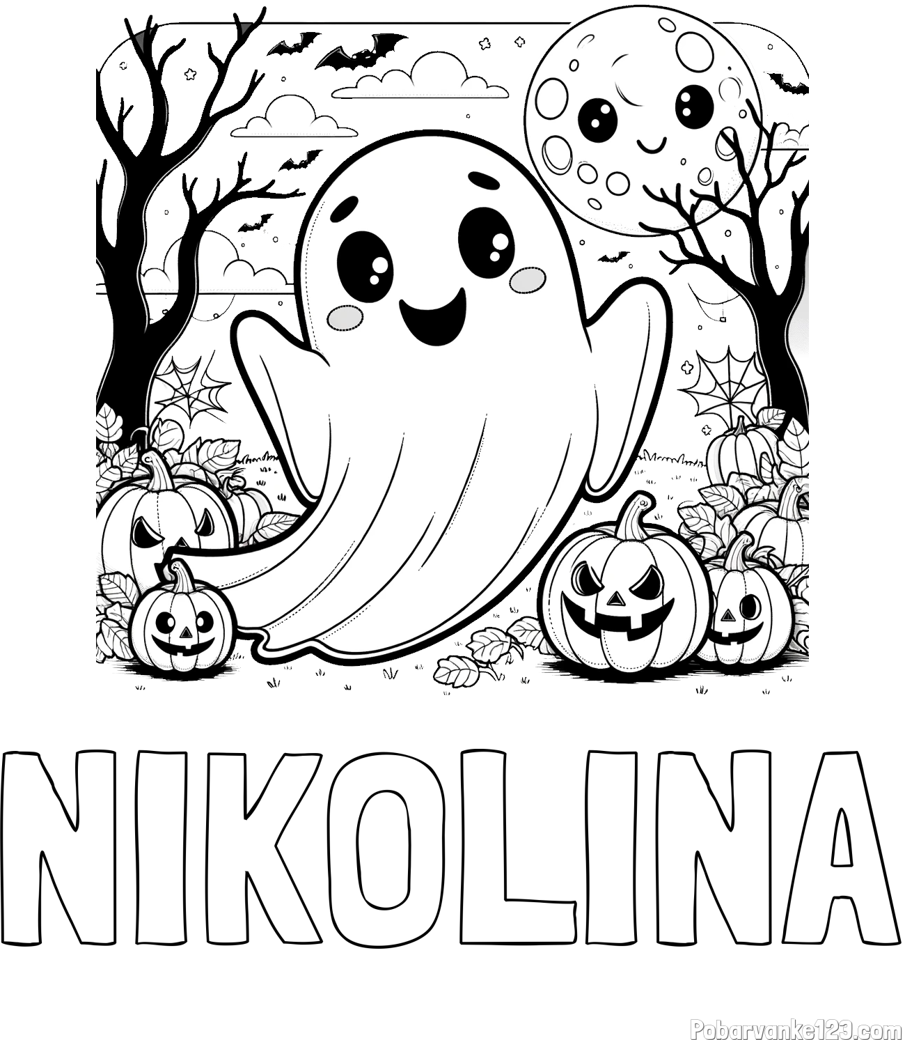 Pobarvanka imena NIKOLINA in pobarvanka ljubkega duhca in buč za noč čarovnic