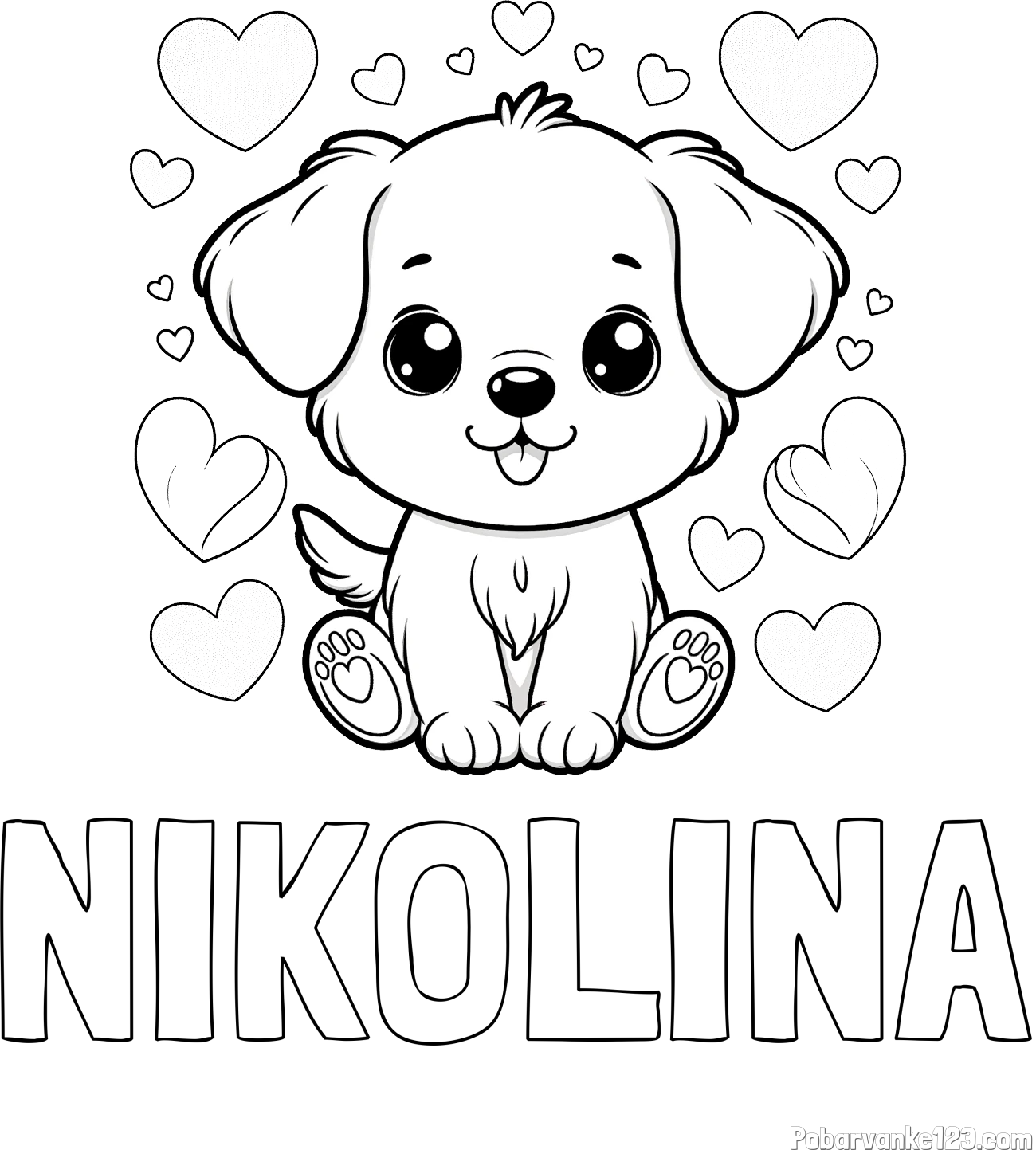 Pobarvanka imena NIKOLINA in pobarvanka ljubkega kužka obdanega s srčki