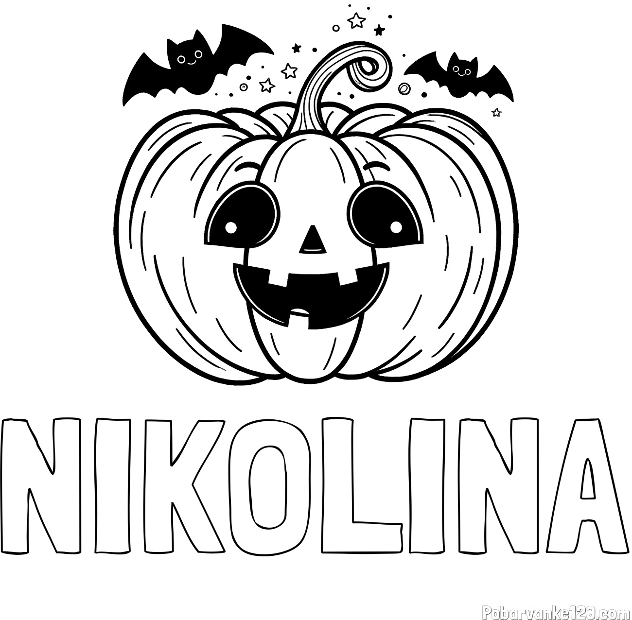 Pobarvanka imena NIKOLINA in pobarvanka nasmejane buče ter dveh netopirjev za noč čarovnic