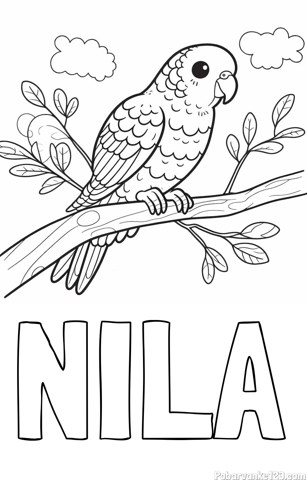 Pobarvanka imena NILA in pobarvanka ljubkega kanarčka na veji