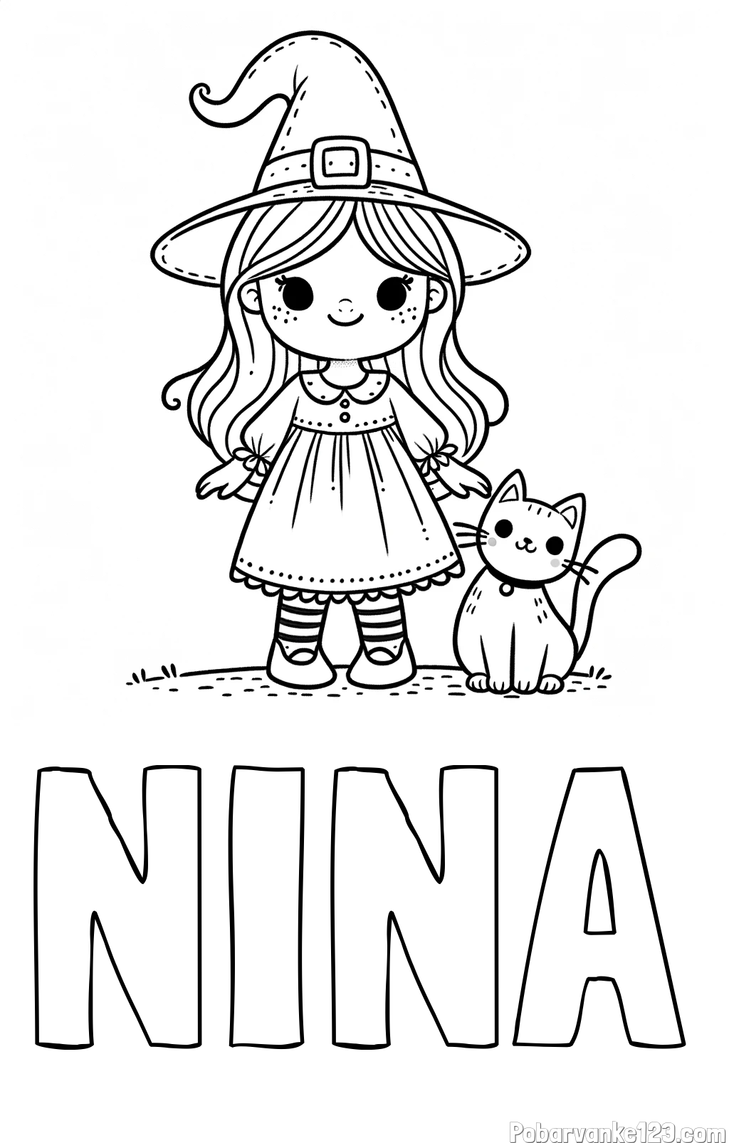 Pobarvanka imena NINA in Čudovita pobarvanka ljubke čarovnice in nasmejane mačke