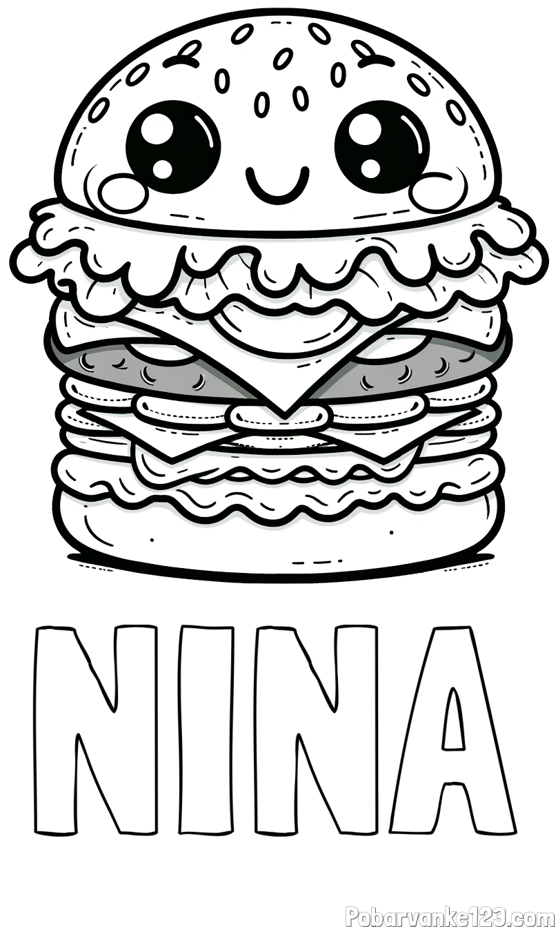 Pobarvanka imena NINA in otroška pobarvanka nasmejanega hamburgerja