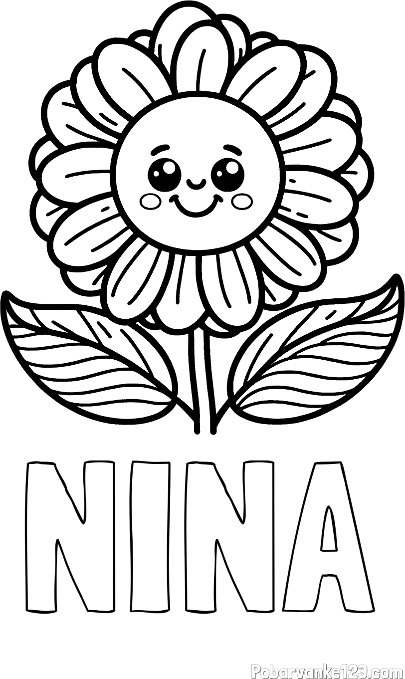 Pobarvanka imena NINA in pobarvanka ljubke in nasmejane rože