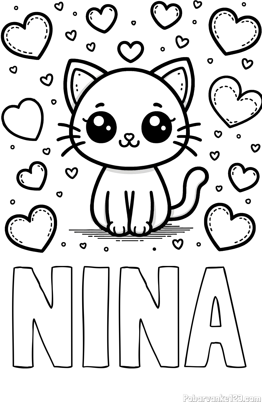 Pobarvanka imena NINA in pobarvanka ljubke mucke obdane z veliko srčki