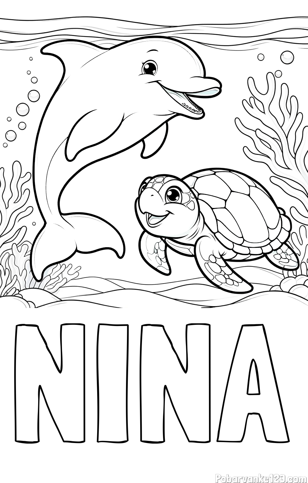 Pobarvanka imena NINA in pobarvanka ljubkega delfina z želvo v morju