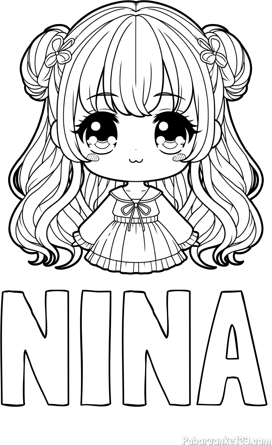 Pobarvanka imena NINA in pobarvanka prikupne punčke v anime slogu