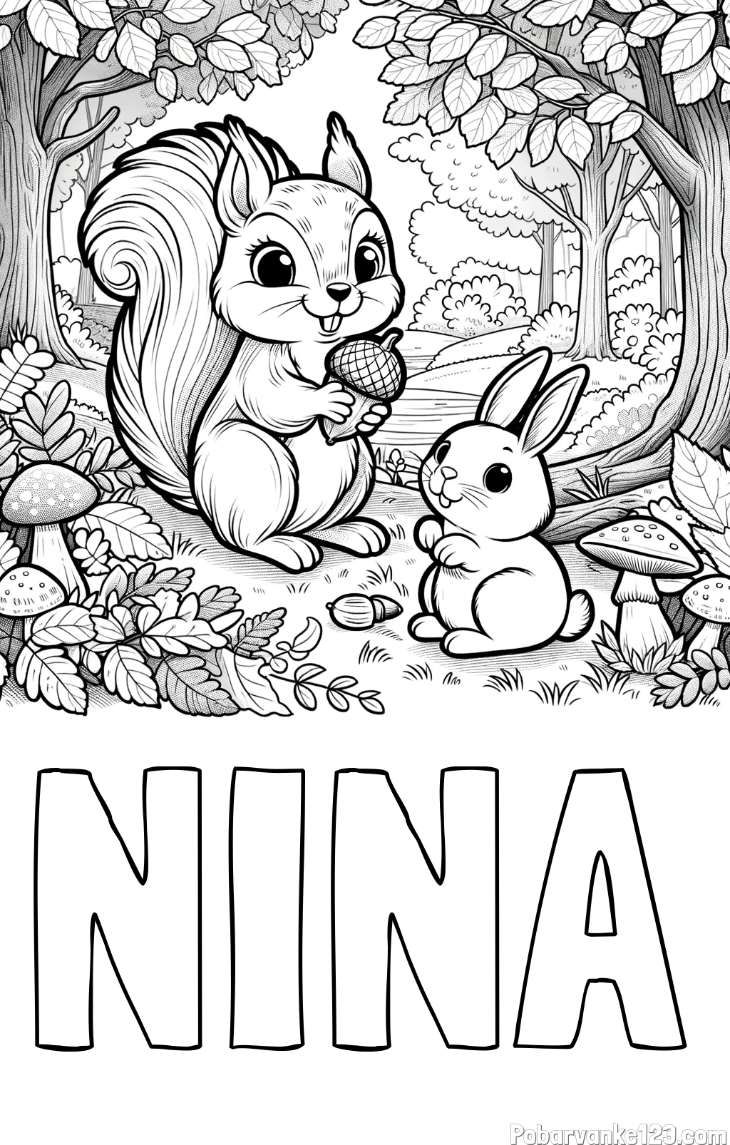 Pobarvanka imena NINA in pobarvanka veveričke in zajčka v gozdu