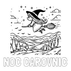 Online izdelana pobarvanka - Pobarvanka imena NOČ ČAROVNIC in pobarvanka čarovnice, ki leti na metli