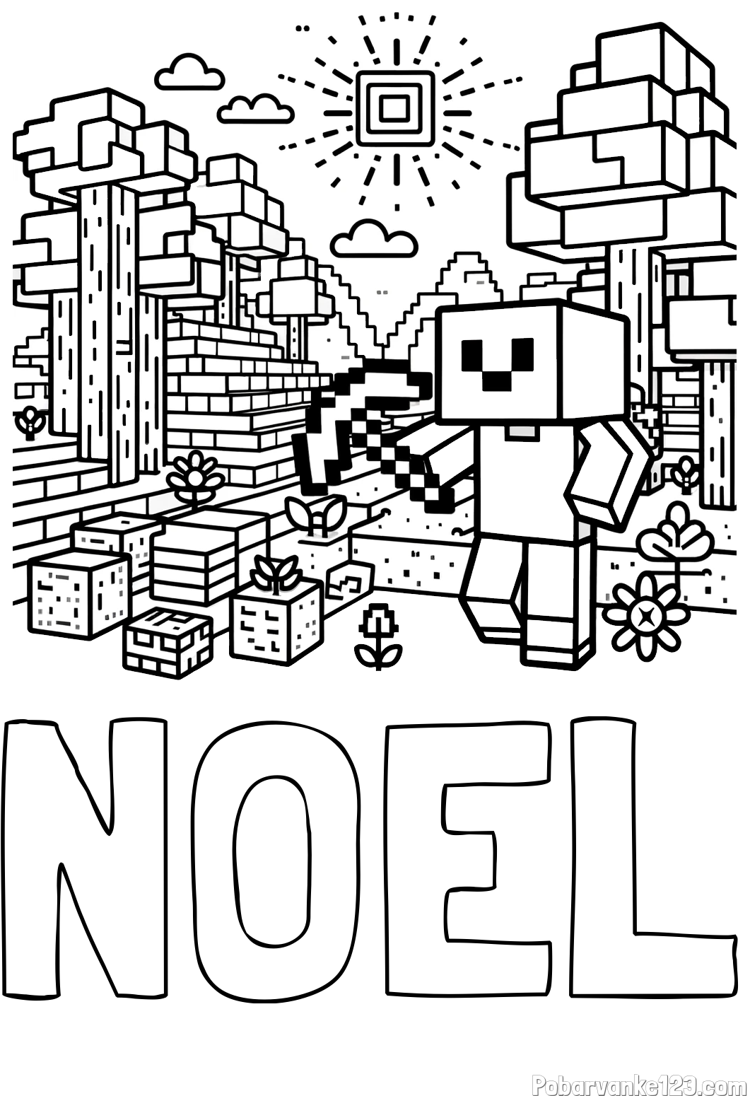 Pobarvanka imena NOEL in pobarvanka Minecraft sveta