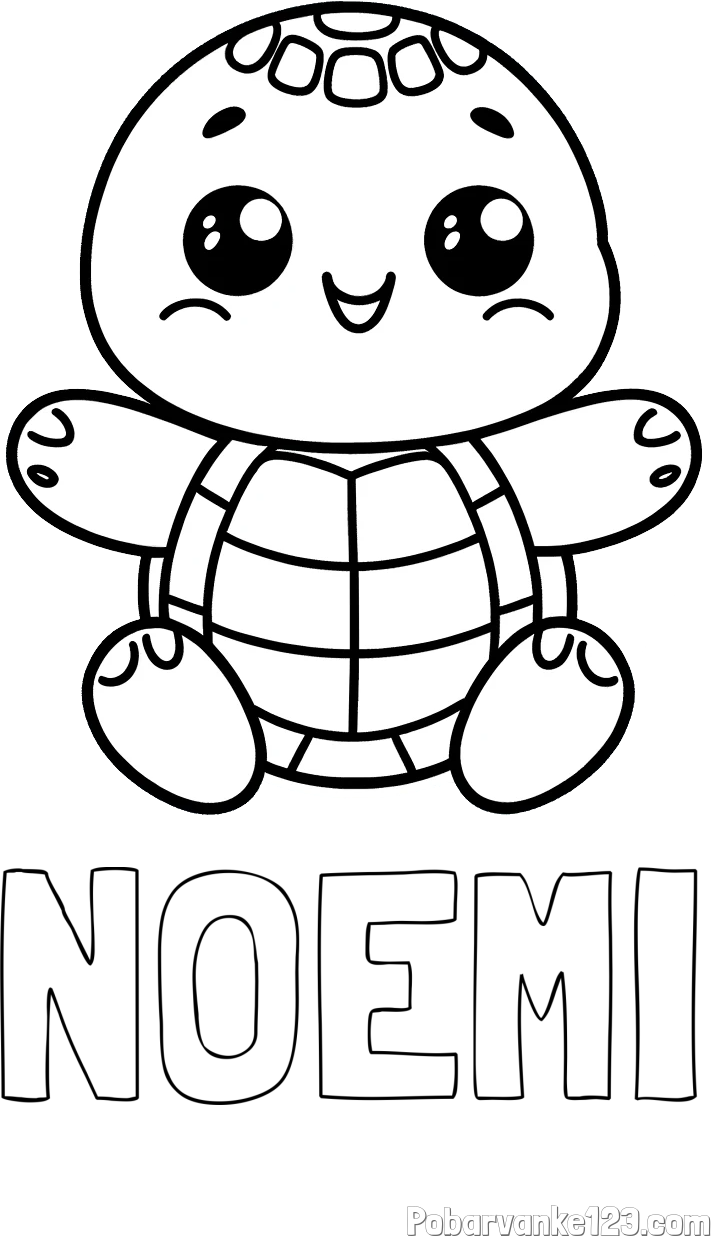 Pobarvanka imena NOEMI in otroška pobarvanka ljubke in nasmejane želvice