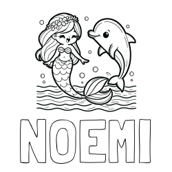 Pobarvanka imena NOEMI in pobarvanka ljubke morske deklice, ki pleše z delfinom