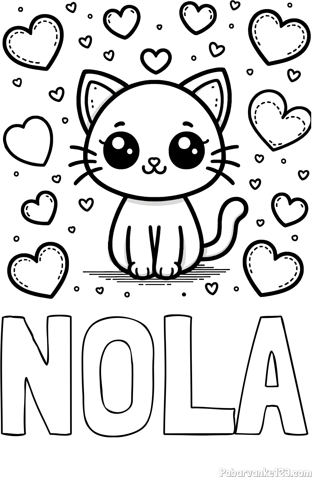 Pobarvanka imena NOLA in pobarvanka ljubke mucke obdane z veliko srčki