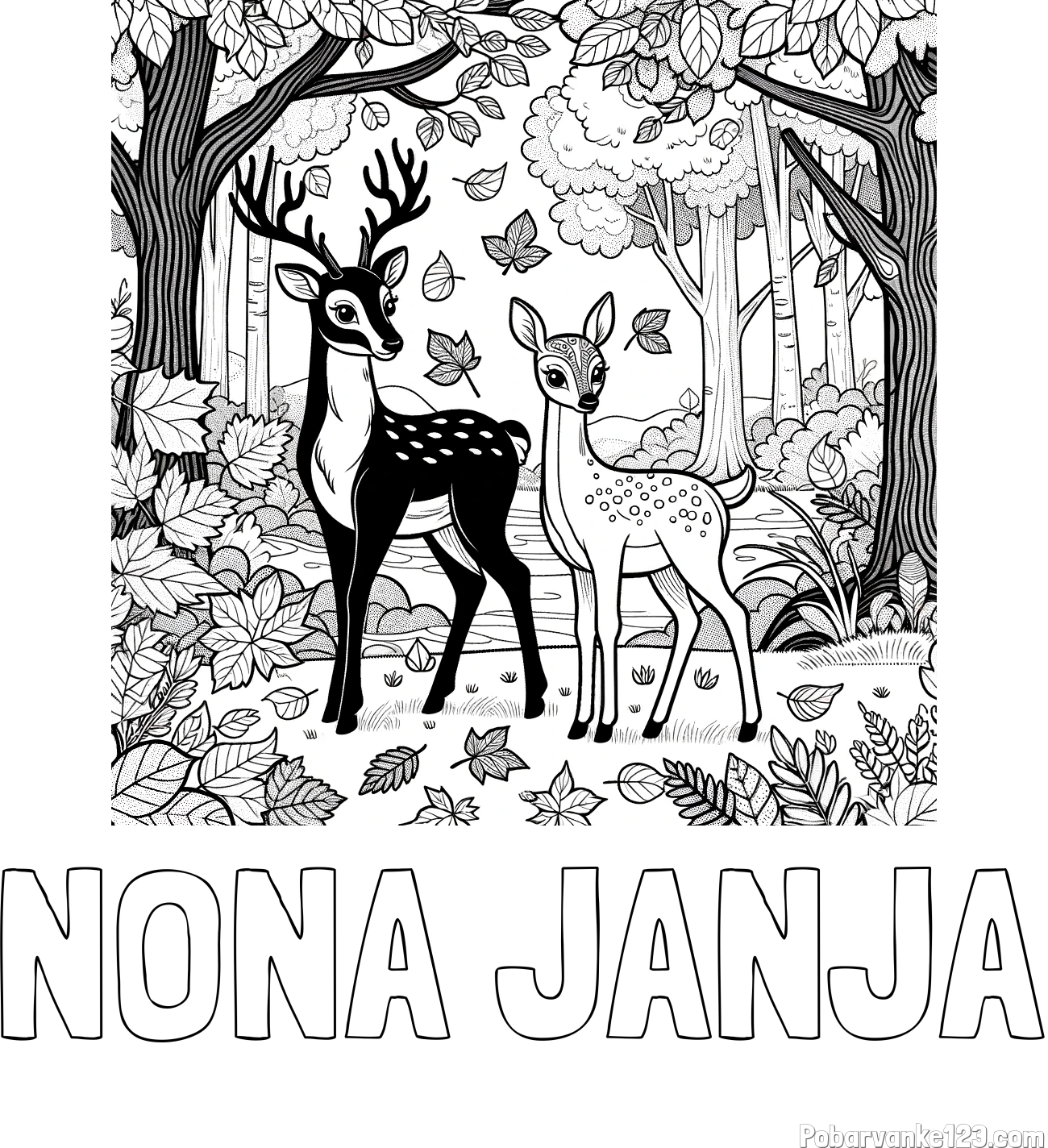 Pobarvanka imena NONA JANJA in pobarvanka srnice in jelenčka