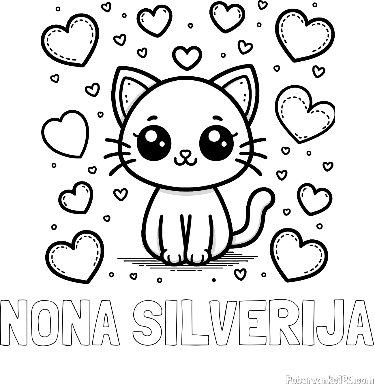 Pobarvanka imena NONA SILVERIJA in pobarvanka ljubke mucke obdane z veliko srčki