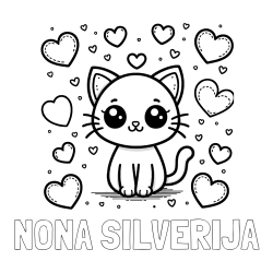 Online izdelana pobarvanka - Pobarvanka imena NONA SILVERIJA in pobarvanka ljubke mucke obdane z veliko srčki