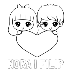 Online izdelana pobarvanka - Pobarvanka imena NORA I FILIP in pobarvanka fantka in deklice, ki objemata srček
