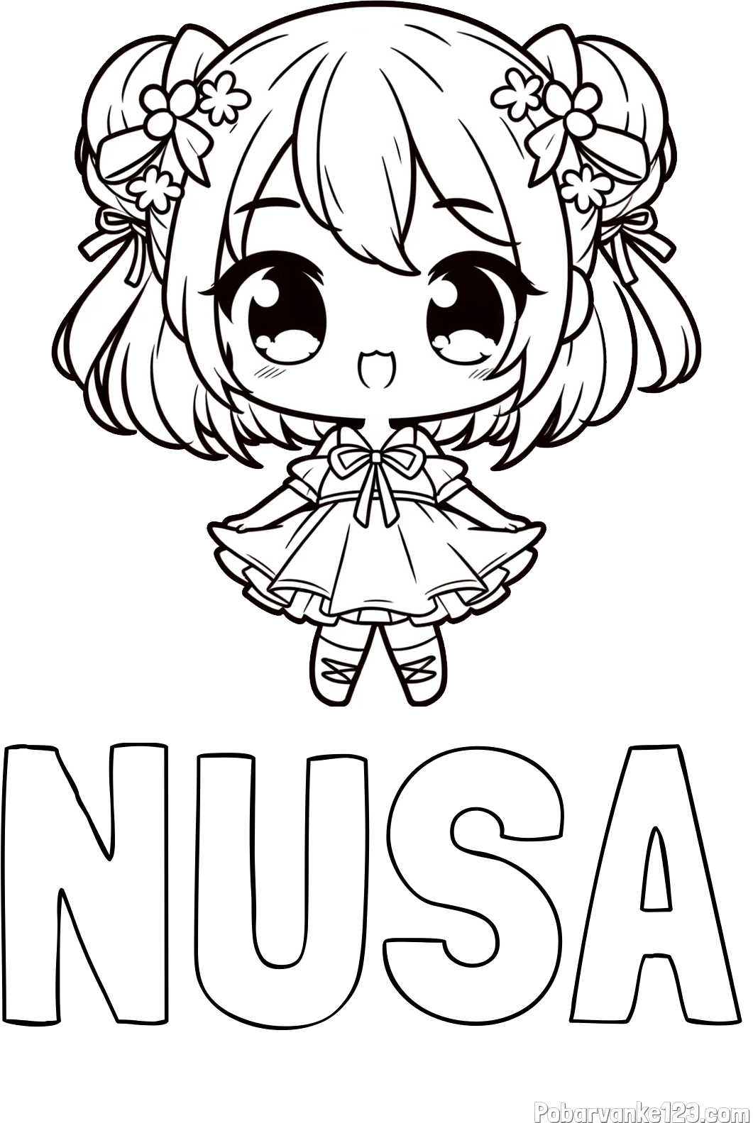Pobarvanka imena NUŠA in otroška pobarvanka punčke v japonskem anime slogu