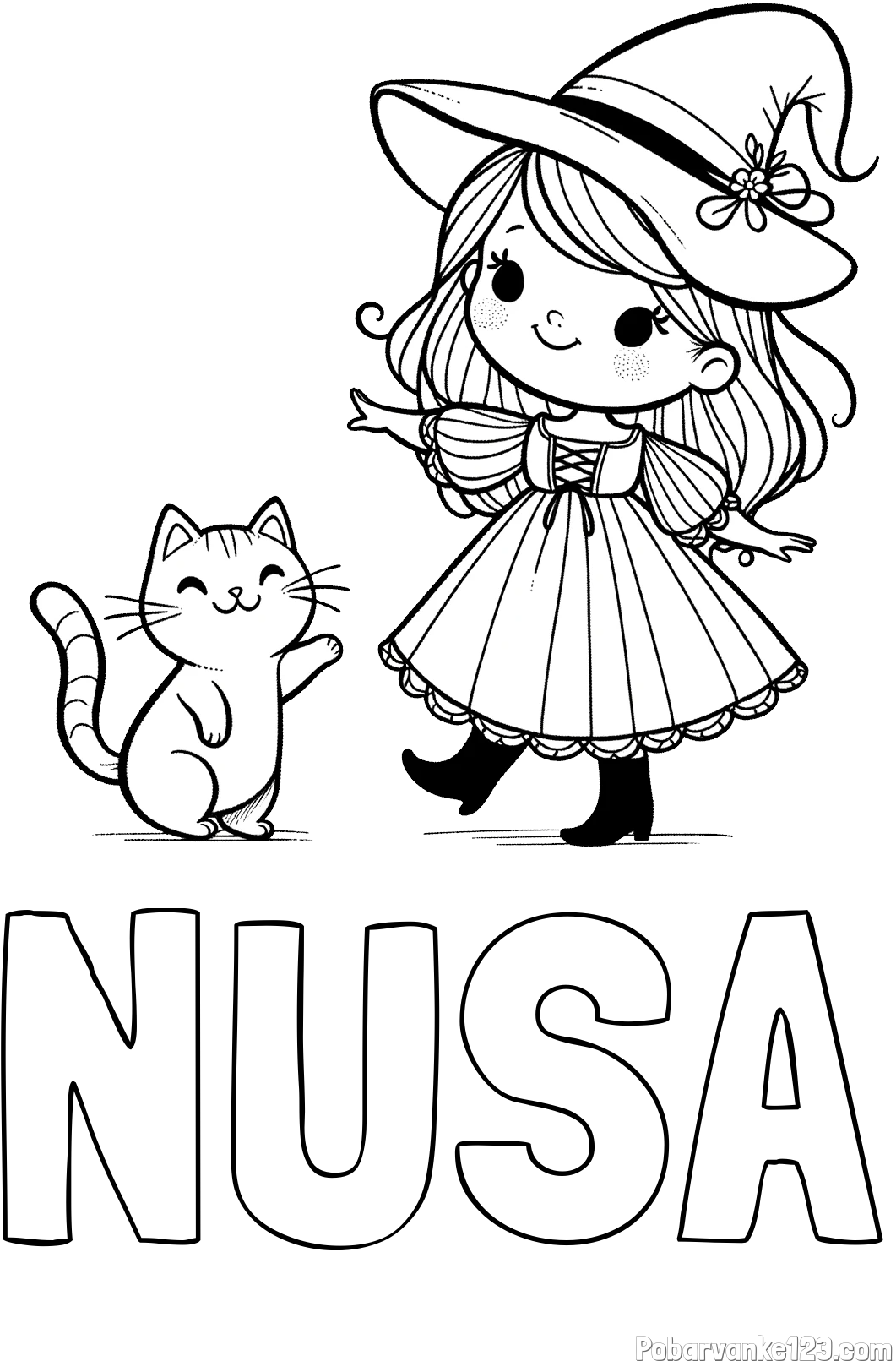 Pobarvanka imena NUŠA in pobarvanka ljubke čarovnice ter podrednega mačka