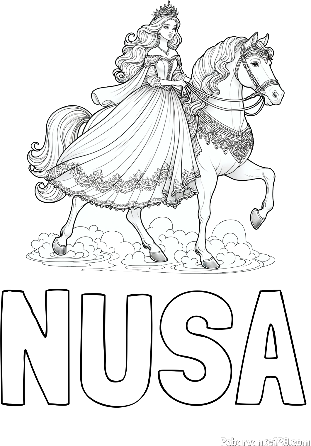 Pobarvanka imena NUŠA in pobarvanka princese na konju