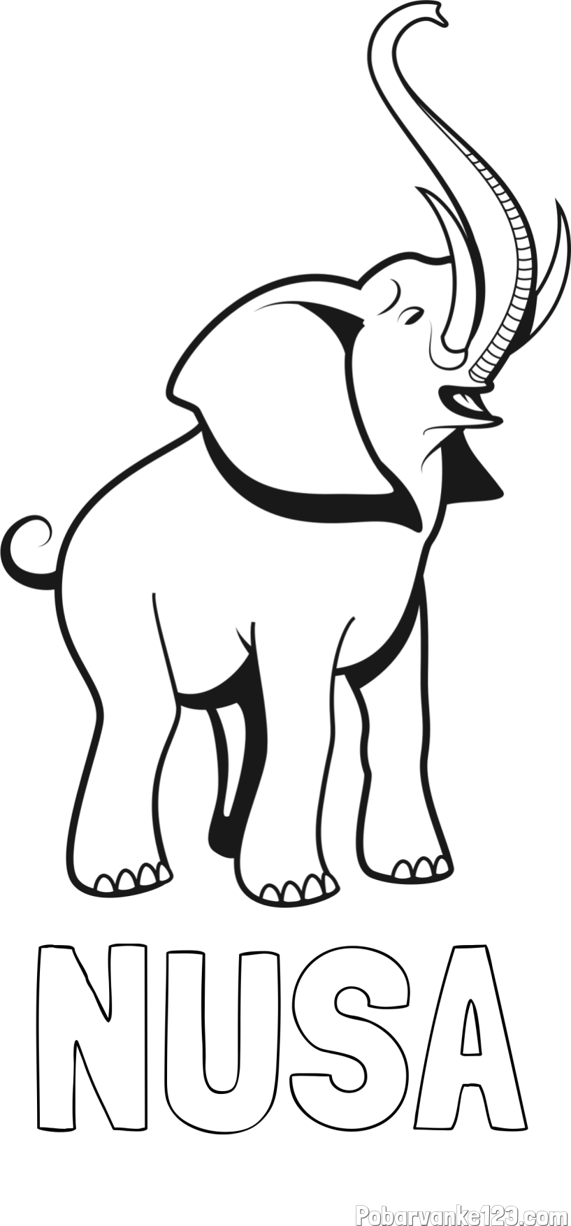 Pobarvanka imena NUŠA in pobarvanka slončka z rilcem dvignjenim visoko v zrak