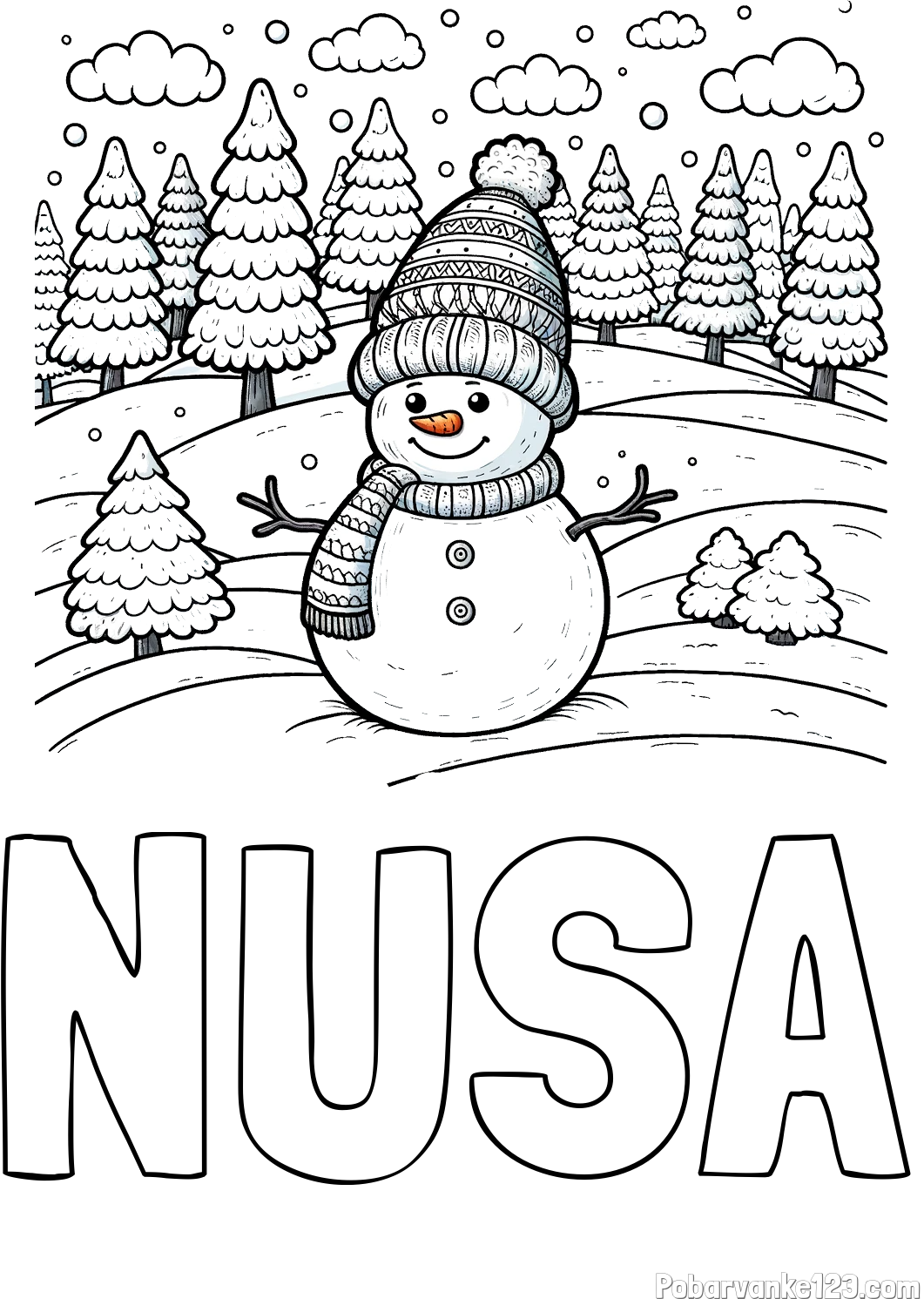 Pobarvanka imena NUŠA in pobarvanka snežaka v naravi obdanega z zasneženimi smrekami