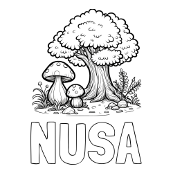 Online izdelana pobarvanka - Pobarvanka imena NUŠA in pobarvanka velike gobe ob drevesu