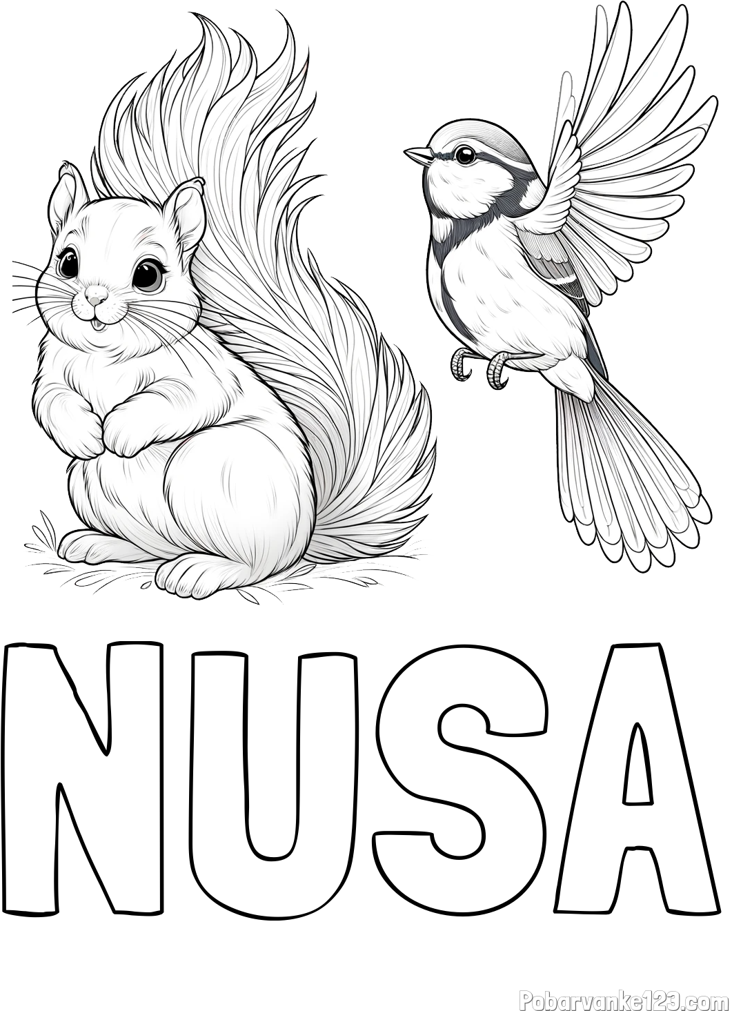 Pobarvanka imena NUŠA in pobarvanka veverice in ptičke