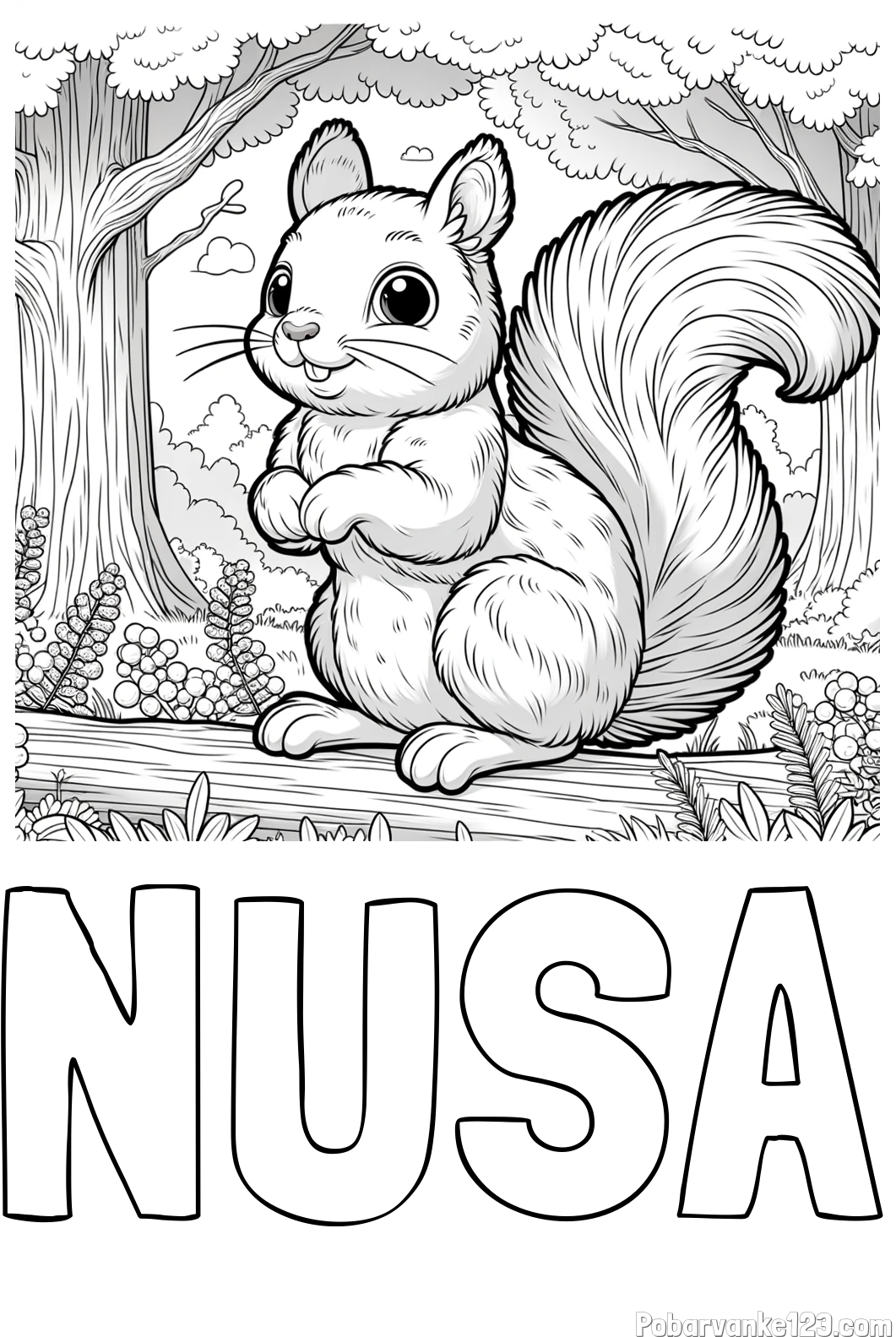 Pobarvanka imena NUŠA in pobarvanka veverice v gozdu