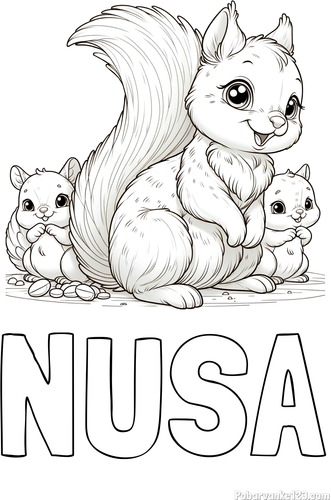 Pobarvanka imena NUŠA in pobarvanka veveričje družine