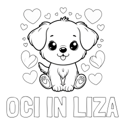 Online izdelana pobarvanka - Pobarvanka imena OČI IN LIZA in pobarvanka ljubkega kužka obdanega s srčki