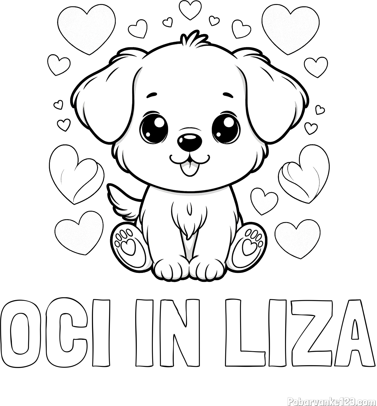 Pobarvanka imena OČI IN LIZA in pobarvanka ljubkega kužka obdanega s srčki