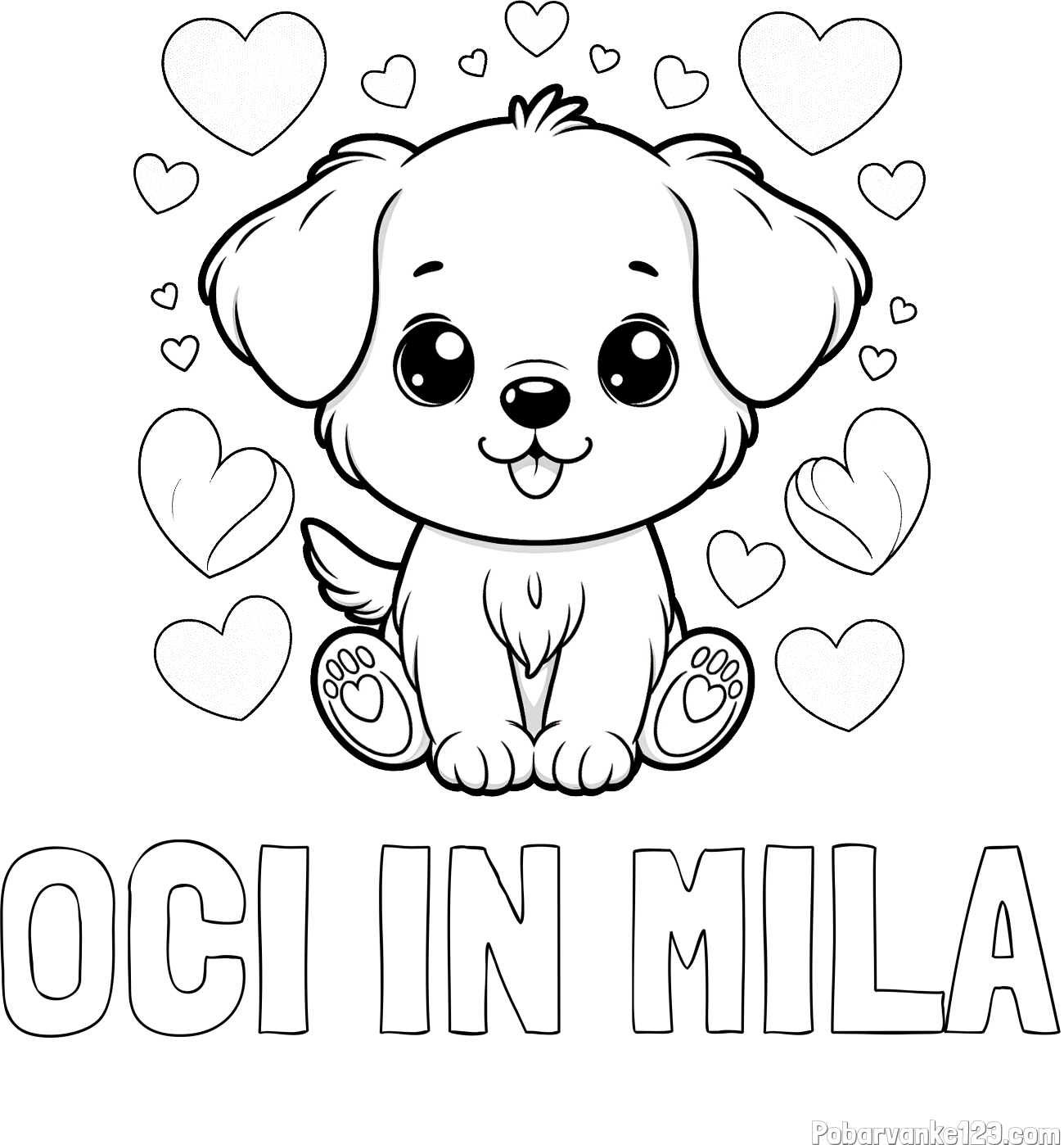 Pobarvanka imena OČI IN MILA in pobarvanka ljubkega kužka obdanega s srčki