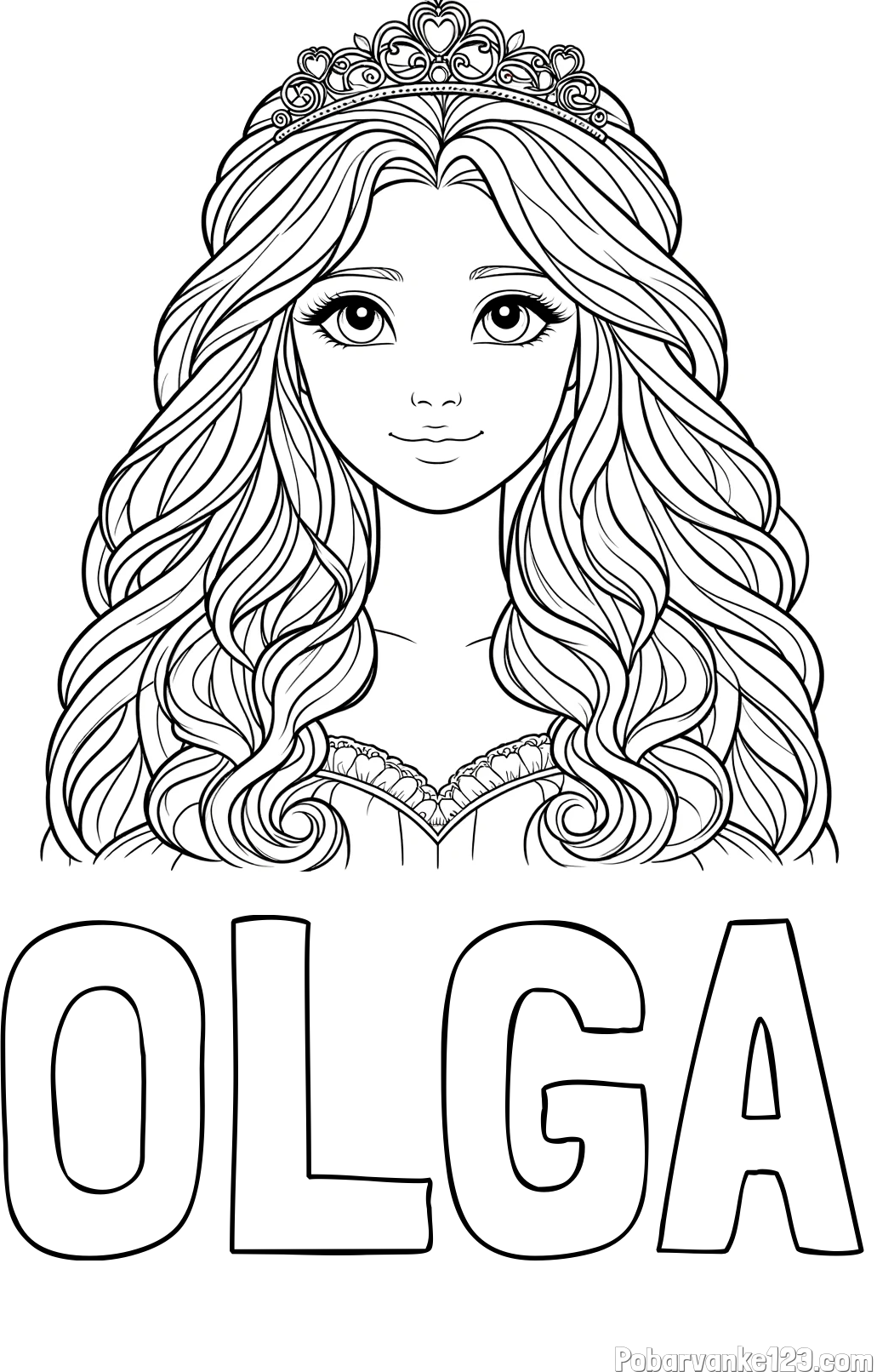 Pobarvanka imena OLGA in pobarvanka ljubke princese z bujnimi lasmi