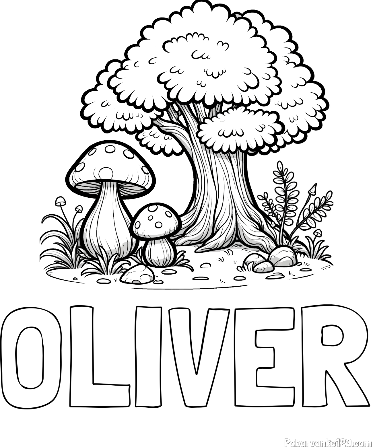 Pobarvanka imena OLIVER in pobarvanka velike gobe ob drevesu