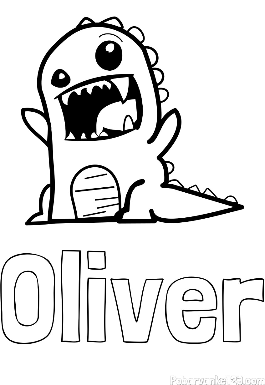 Pobarvanka imena Oliver ter strašnega dinozavra