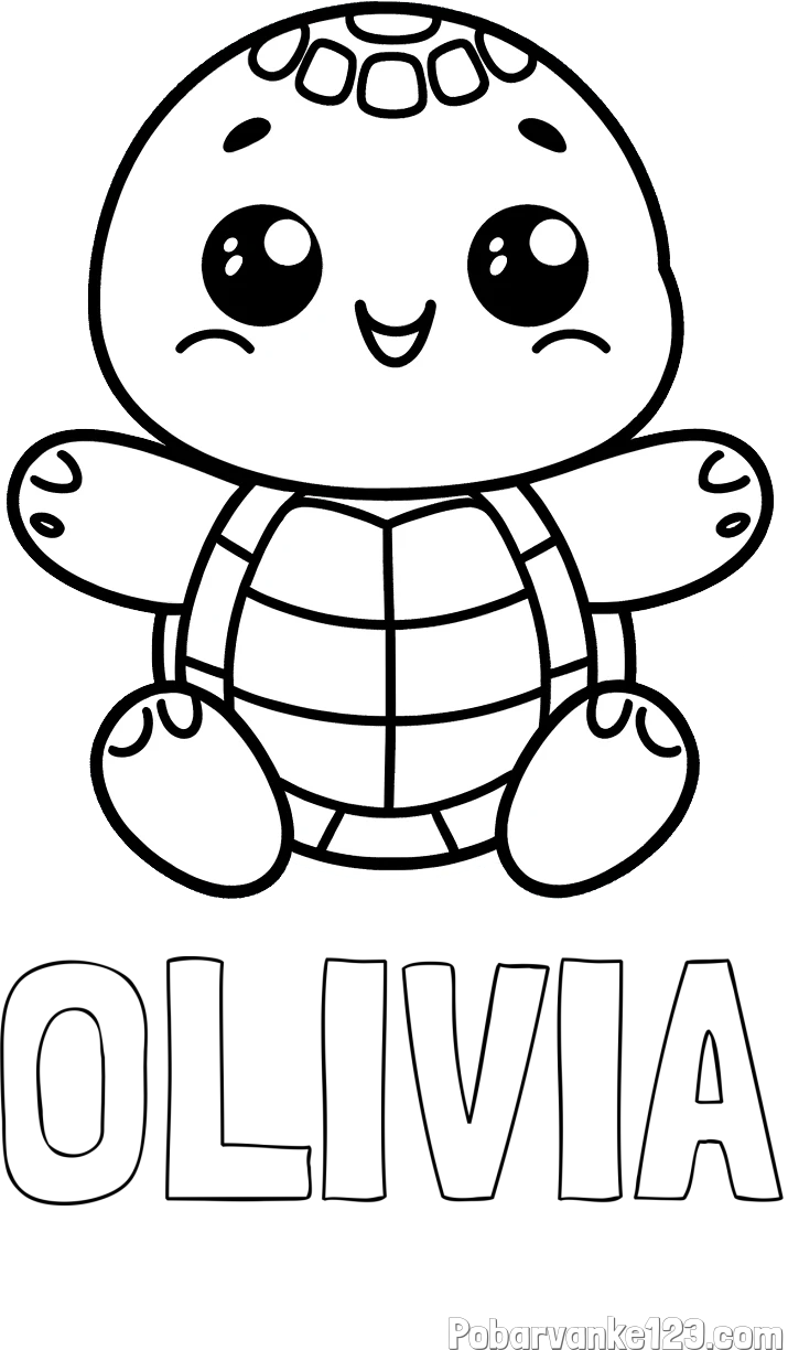 Pobarvanka imena OLIVIA in otroška pobarvanka ljubke in nasmejane želvice