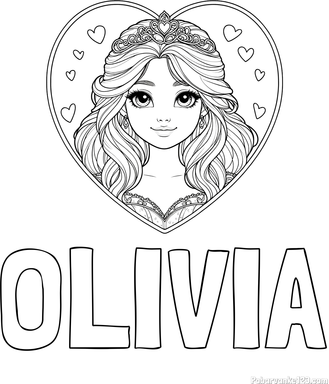 Pobarvanka imena OLIVIA in pobarvanka princeske ter srčkov