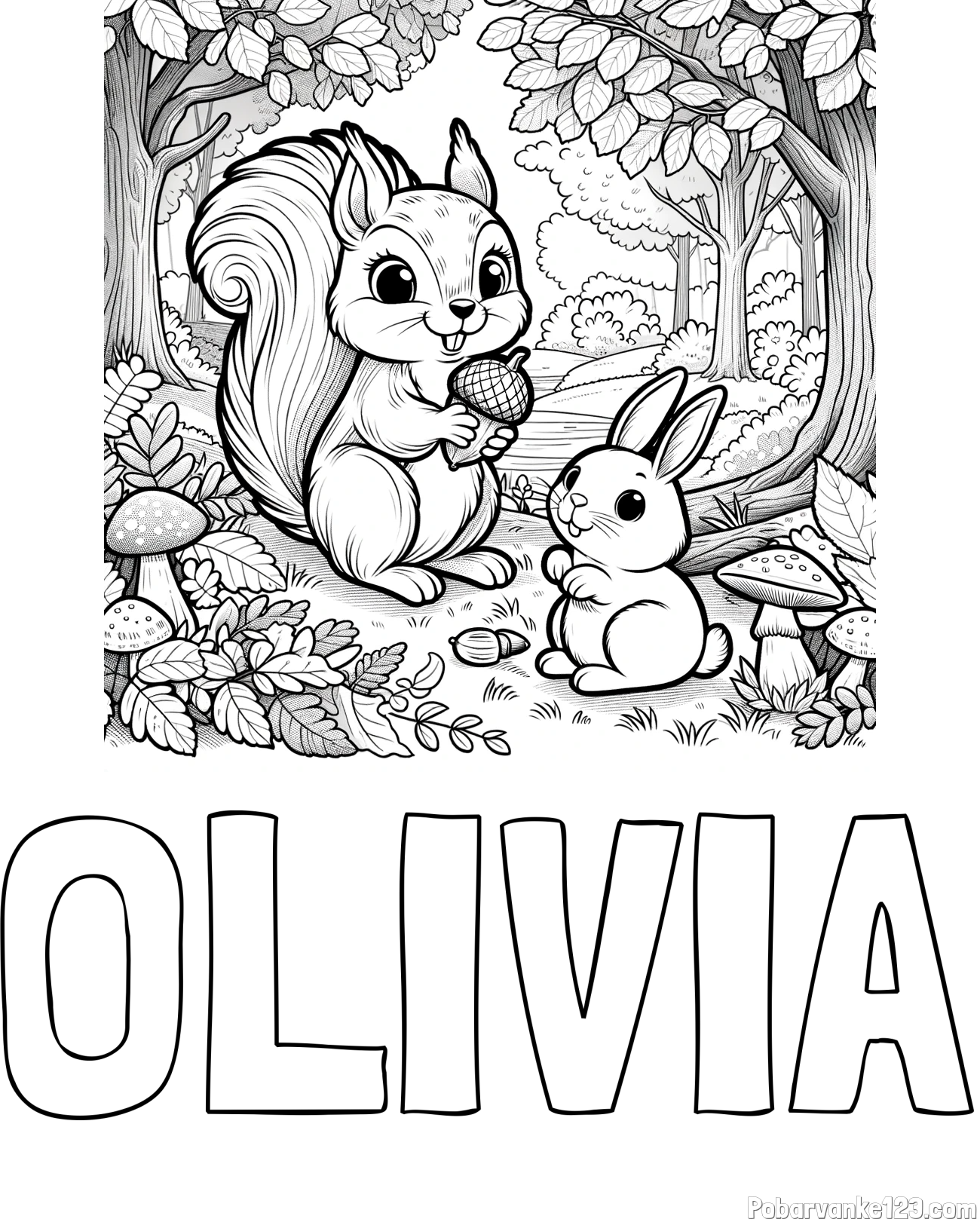Pobarvanka imena OLIVIA in pobarvanka veveričke in zajčka v gozdu