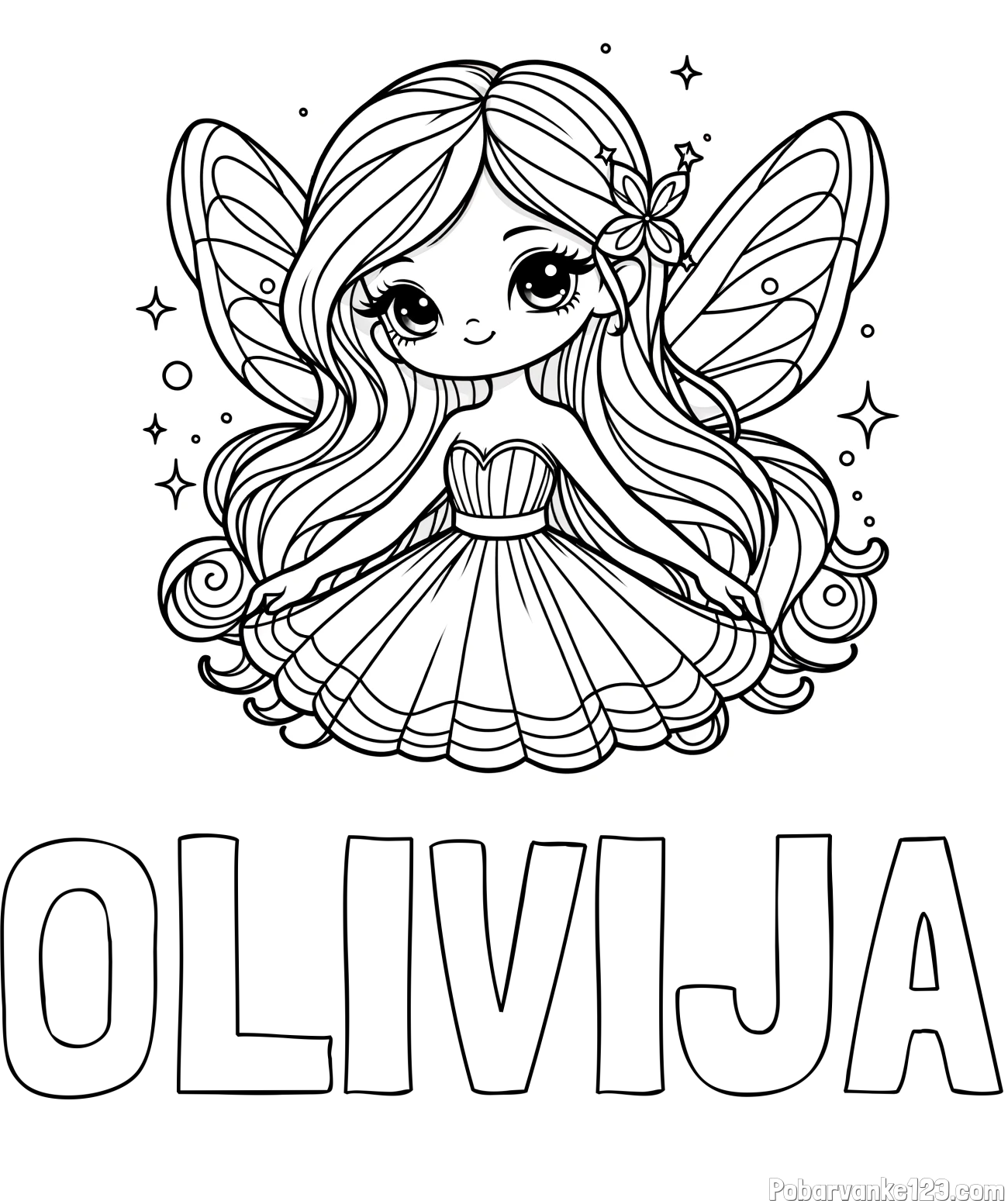 Pobarvanka imena OLIVIJA in pobarvanka ljubke in nasmejane čarobne vile