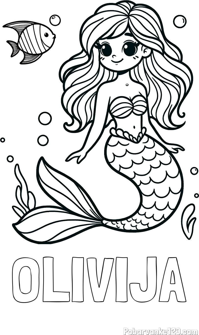 Pobarvanka imena OLIVIJA in pobarvanka male morske deklice in ribice