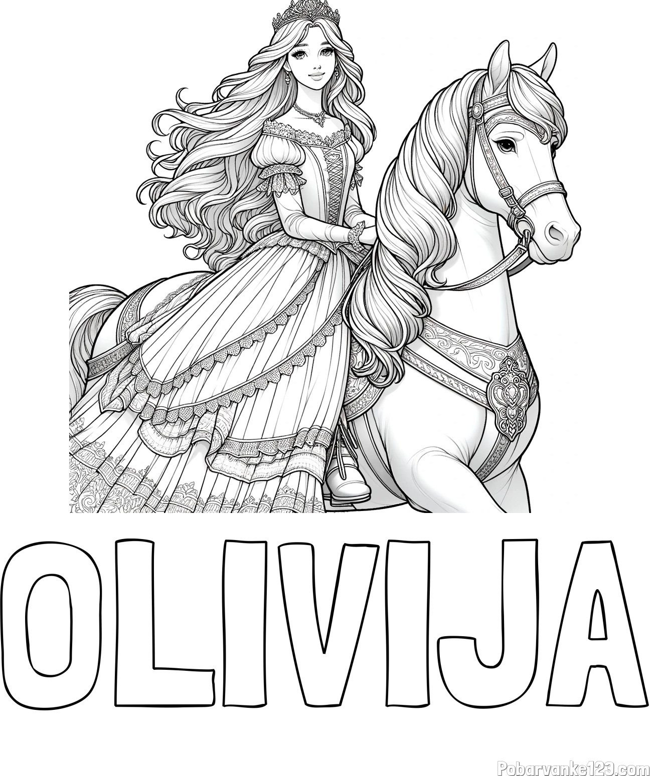 Pobarvanka imena OLIVIJA in pobarvanka nasmejana princese na konju